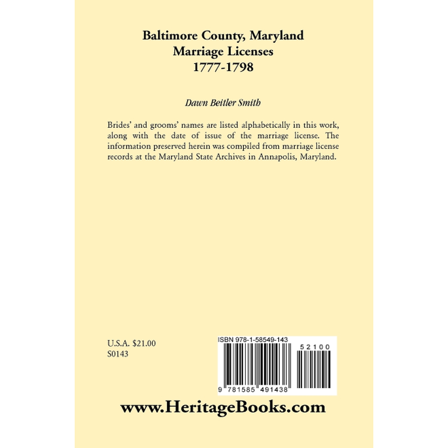 back cover of Baltimore County, Maryland Marriage Licenses, 1777-1798