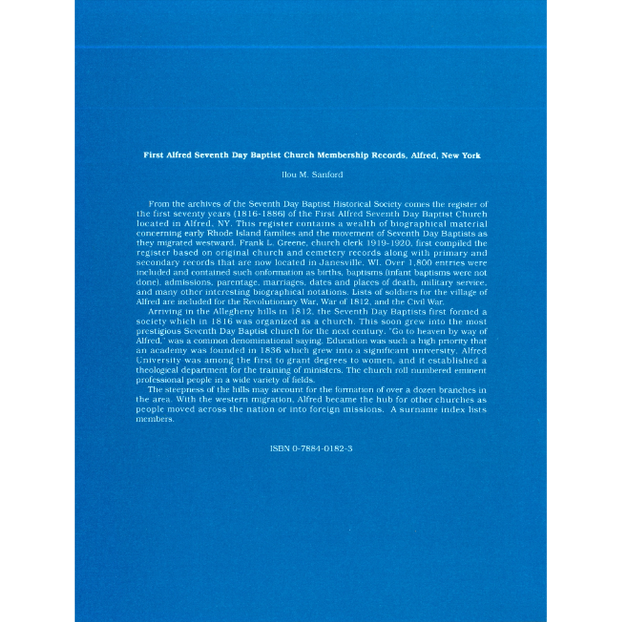 First Alfred Seventh Day Baptist Church Membership Records, Alfred [Allegany County], New York