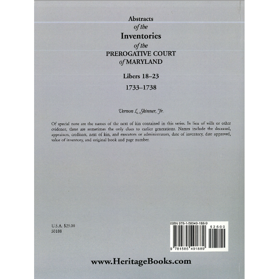 Abstracts of the Inventories of the Prerogative Court of Maryland, 1733-1738, Libers 18-23 back cover