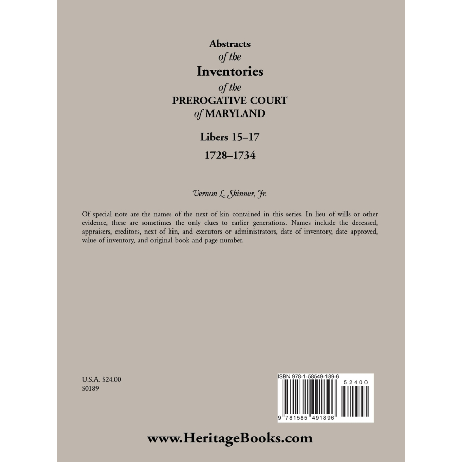 Abstracts of the Inventories of the Prerogative Court of Maryland, 1728-1734, Libers 15-17 back cover