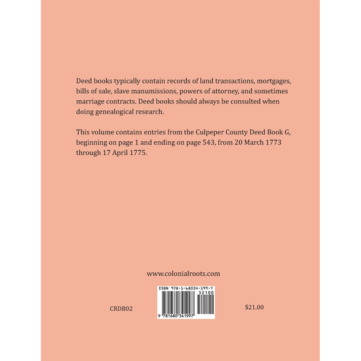 Culpeper County, Virginia Deed Book Abstracts 1773-1775 back cover
