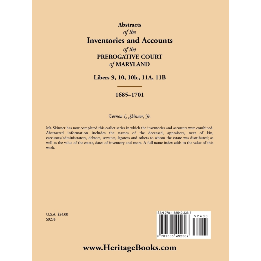 Abstracts of the Inventories and Accounts of the Prerogative Court of Maryland, 1685-1701, Libers 9, 10, 10lc, 11A, 11B back cover