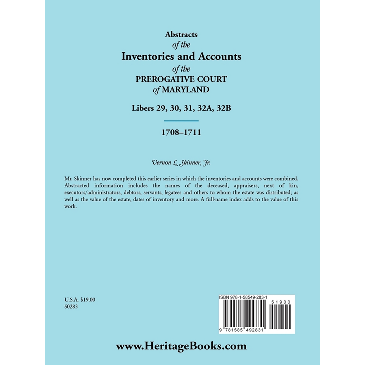 Abstracts of the Inventories and Accounts of the Prerogative Court of Maryland, 1708-1711, Libers 29, 30, 31, 32A, 32B back cover