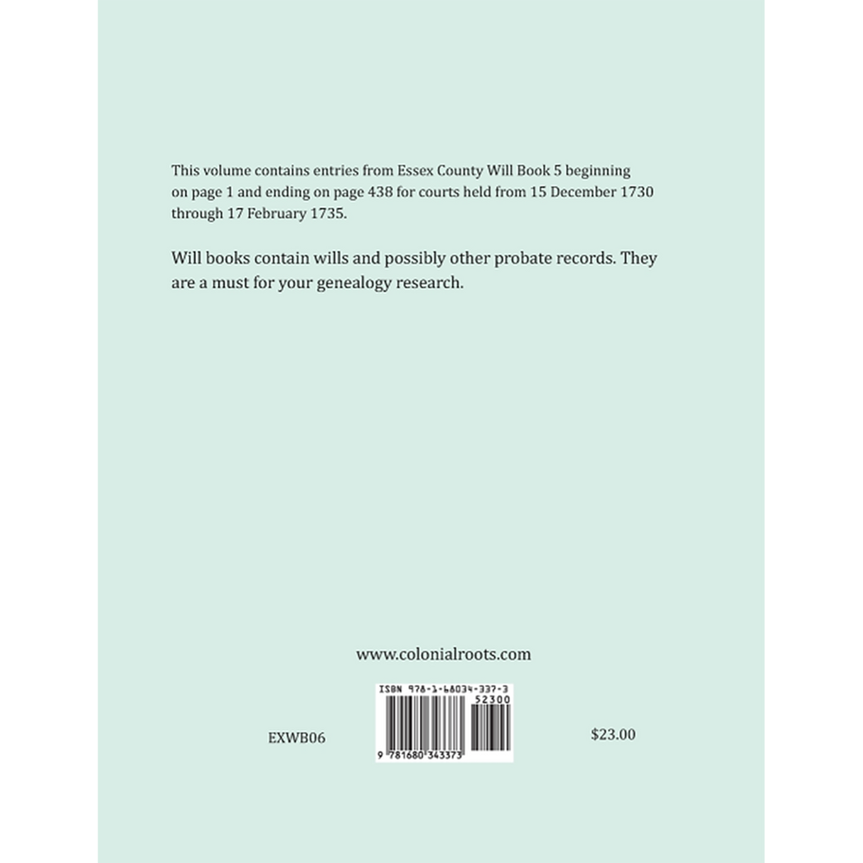 Essex County, Virginia Will Book Abstracts 1730-1735 back cover