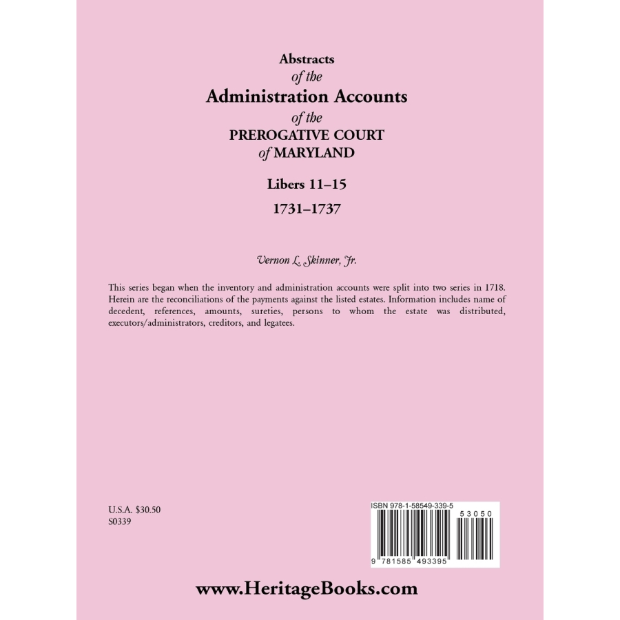 back cover of Abstracts of the Administration Accounts of the Prerogative Court of Maryland, 1731-1737, Libers 11-15