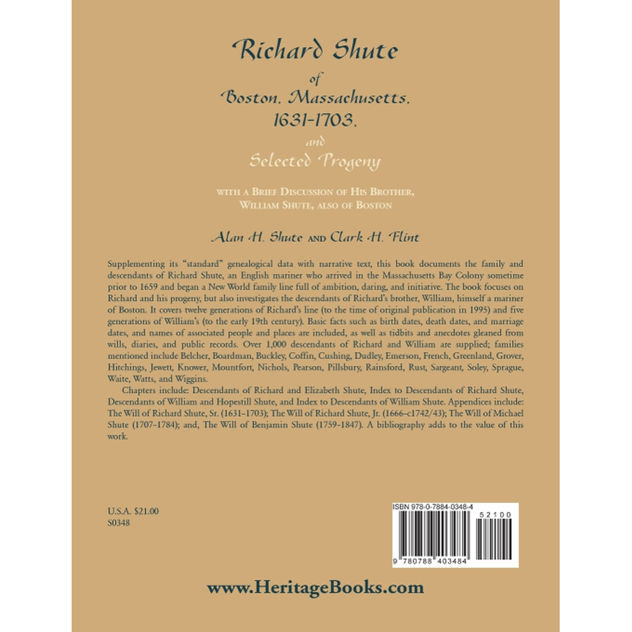 back cover of Richard Shute of Boston, Massachusetts, 1631-1703 and Selected Progeny