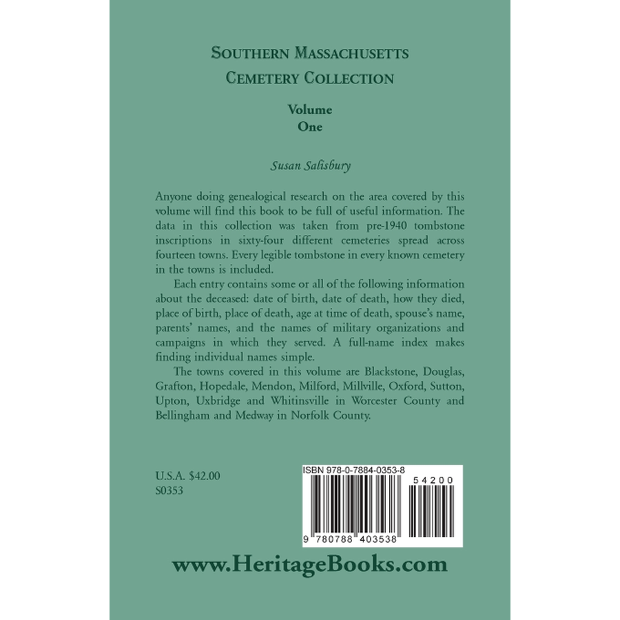 Southern Massachusetts Cemetery Collection, Volume 1 back cover