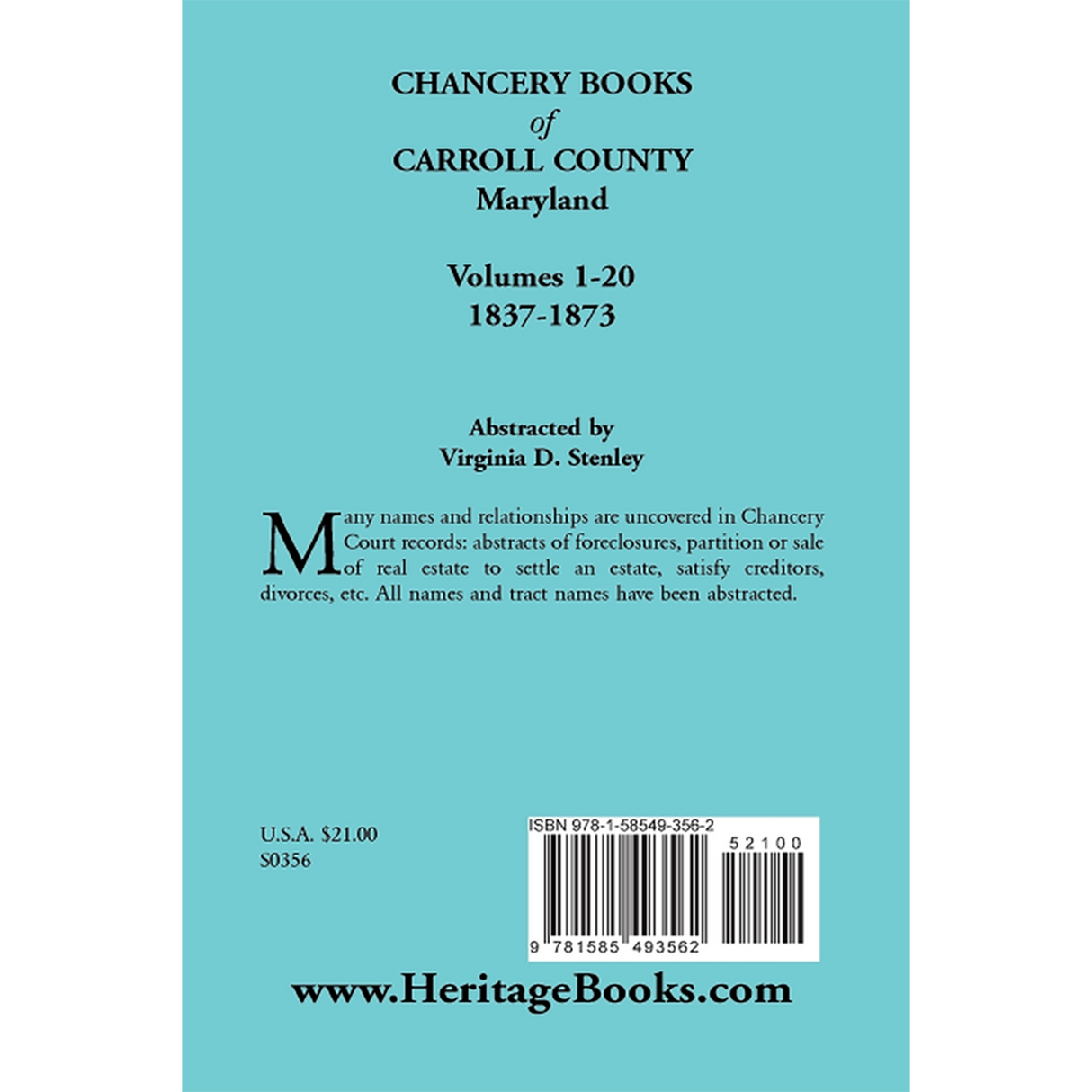 Chancery Books of Carroll County, Maryland, Volumes 1-20, 1837-1873 back cover