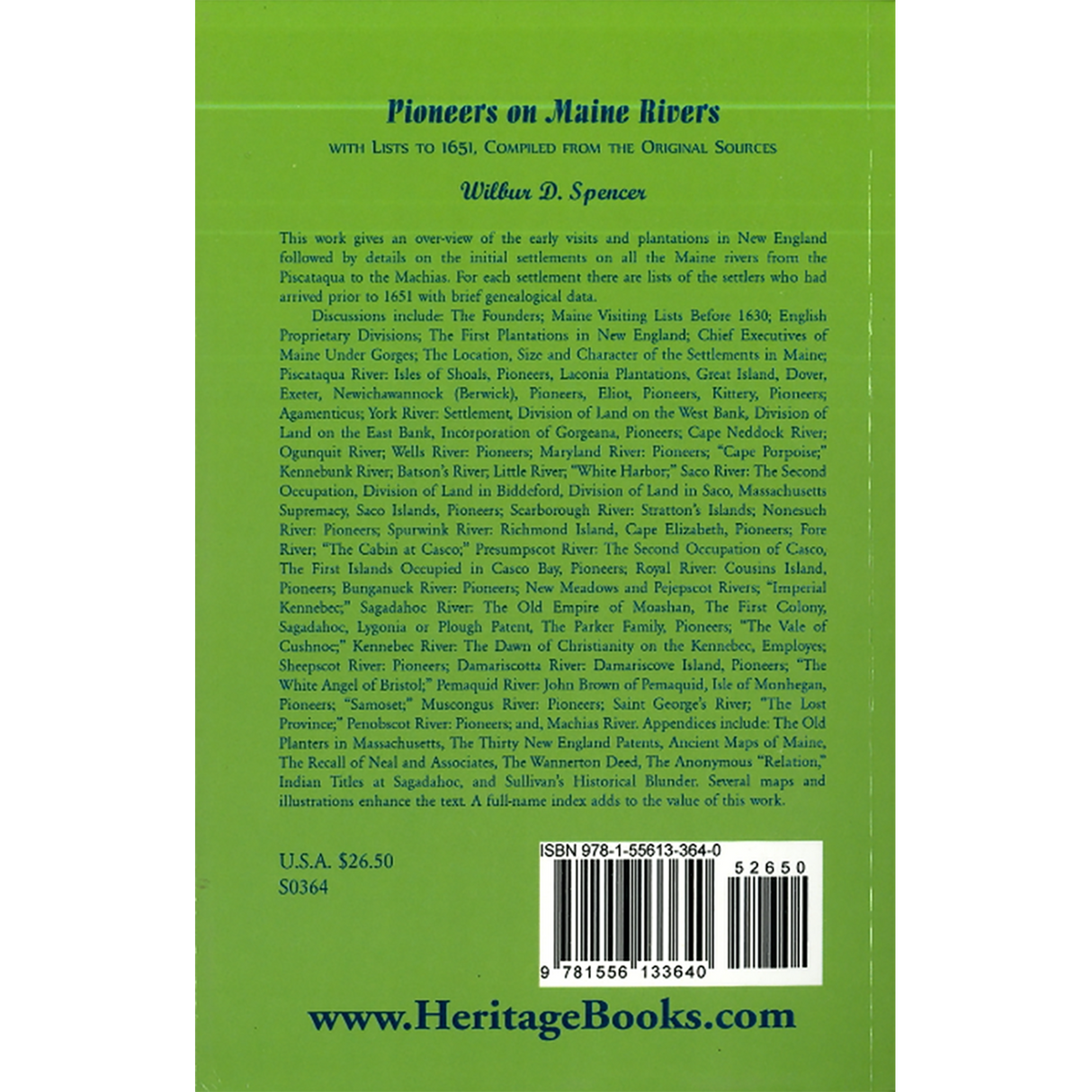 Pioneers on Maine Rivers, with Lists to 1651, Compiled from the Original Sources back cover