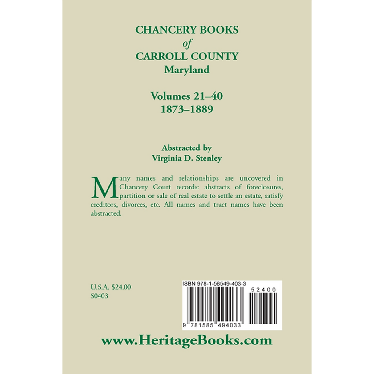 Chancery Books of Carroll County, Maryland, Volumes 21-40, 1873-1889 back cover
