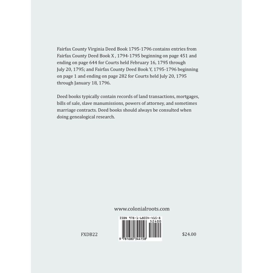 Fairfax County, Virginia Deed Book Abstracts 1795-1796 back cover