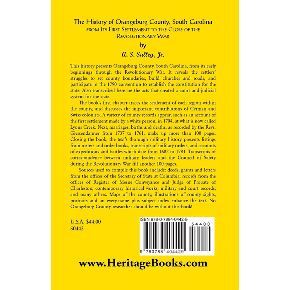 The History of Orangeburg County, South Carolina, From its First Settlement to the Close of the Revolutionary War back cover