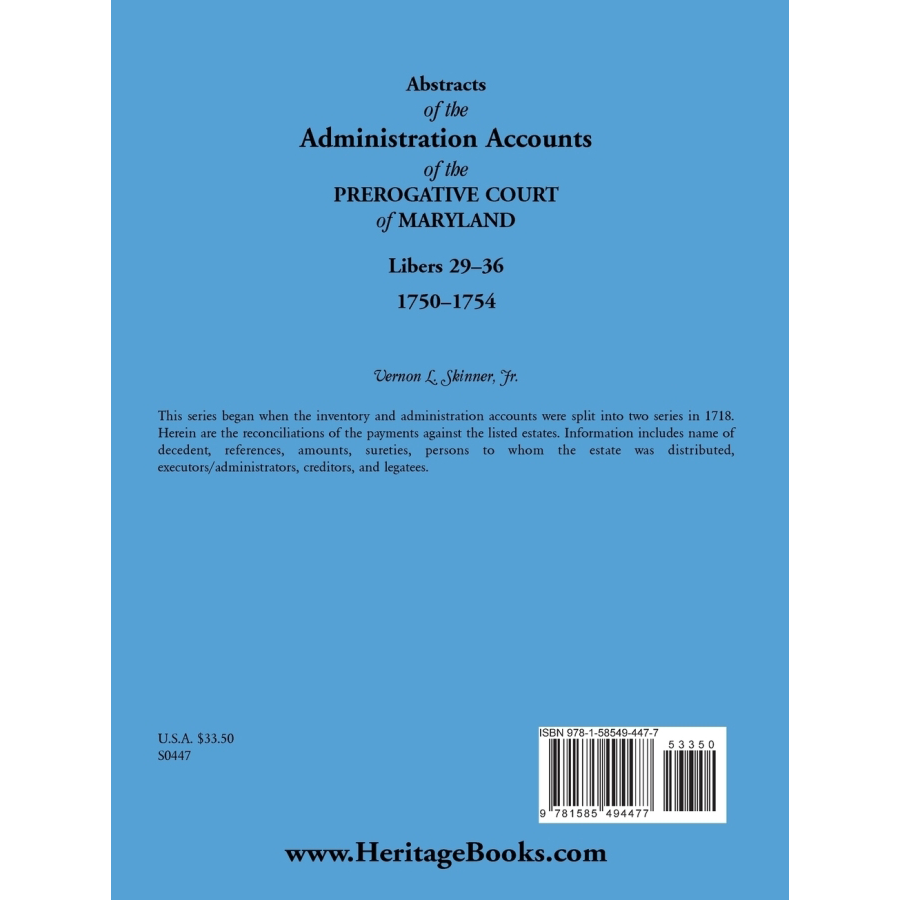 Abstracts of the Administration Accounts of the Prerogative Court of Maryland, 1750-1754, Libers 29-36 back cover