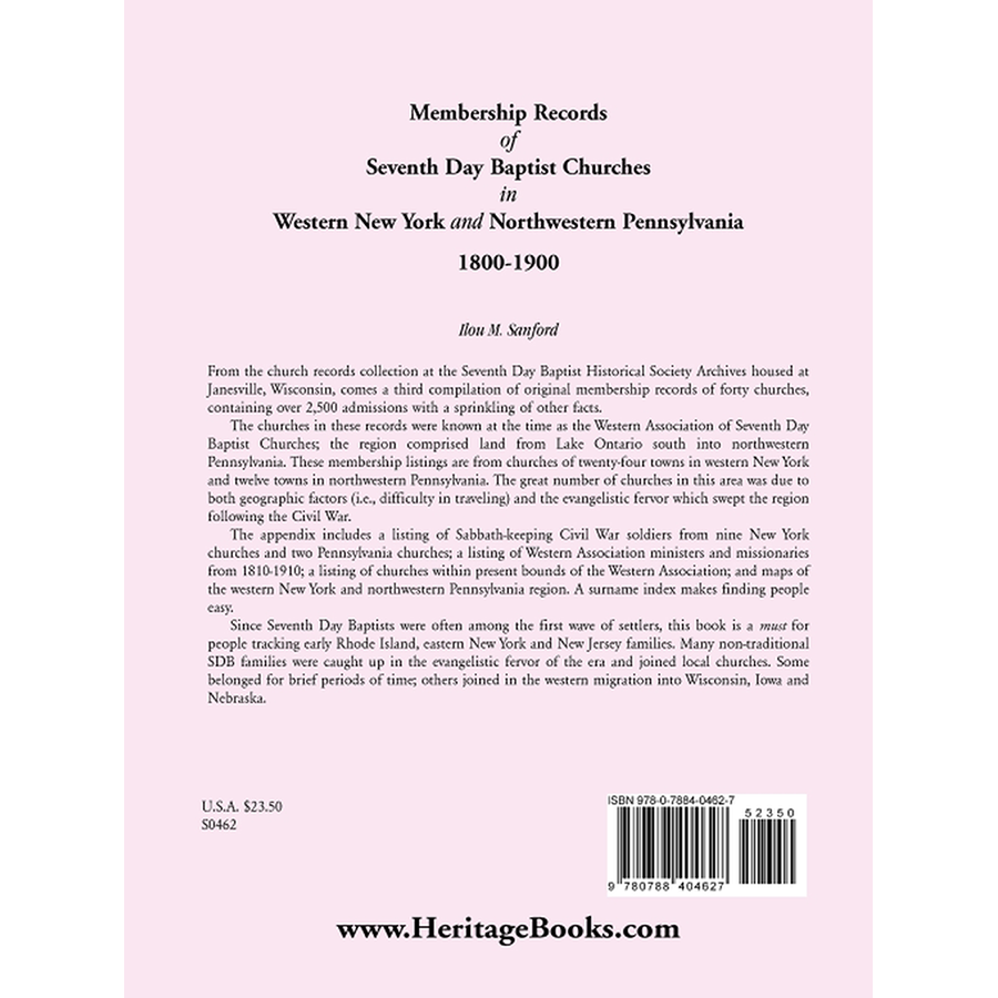Membership Records of Seventh Day Baptist Churches in Western New York and Northwestern Pennsylvania, 1800-1900 back cover