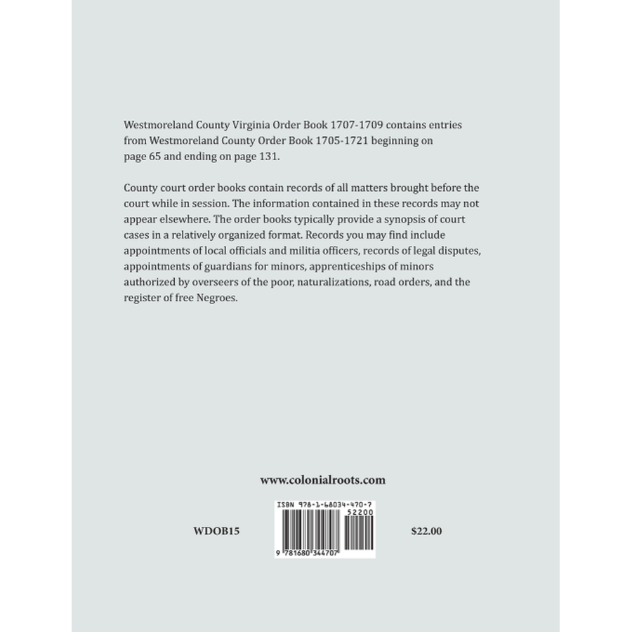 Westmoreland County, Virginia Order Book Abstracts 1707-1709 back cover