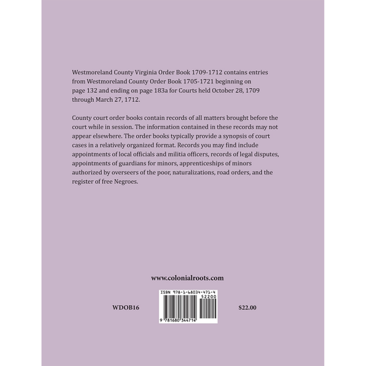 Westmoreland County, Virginia Order Book Abstracts 1709-1712 back cover
