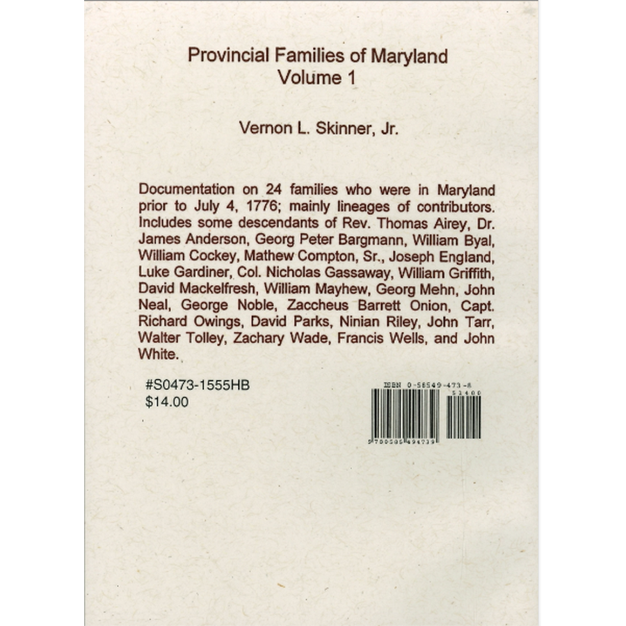 Provincial Families of Maryland, Volume 1 back cover