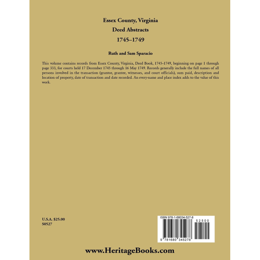 Essex County, Virginia Deed Book Abstracts 1745-1749 back cover