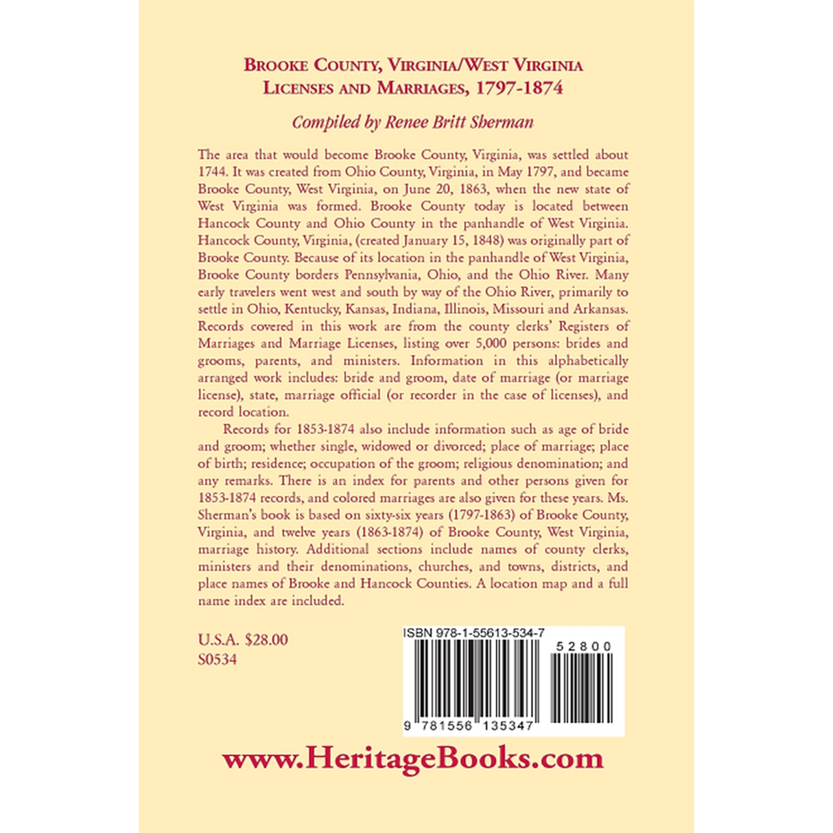 Brooke County, Virginia/West Virginia Licenses and Marriages, 1797-1874 back cover