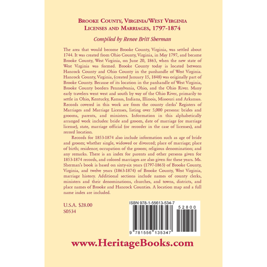 Brooke County, Virginia/West Virginia Licenses and Marriages, 1797-1874 back cover