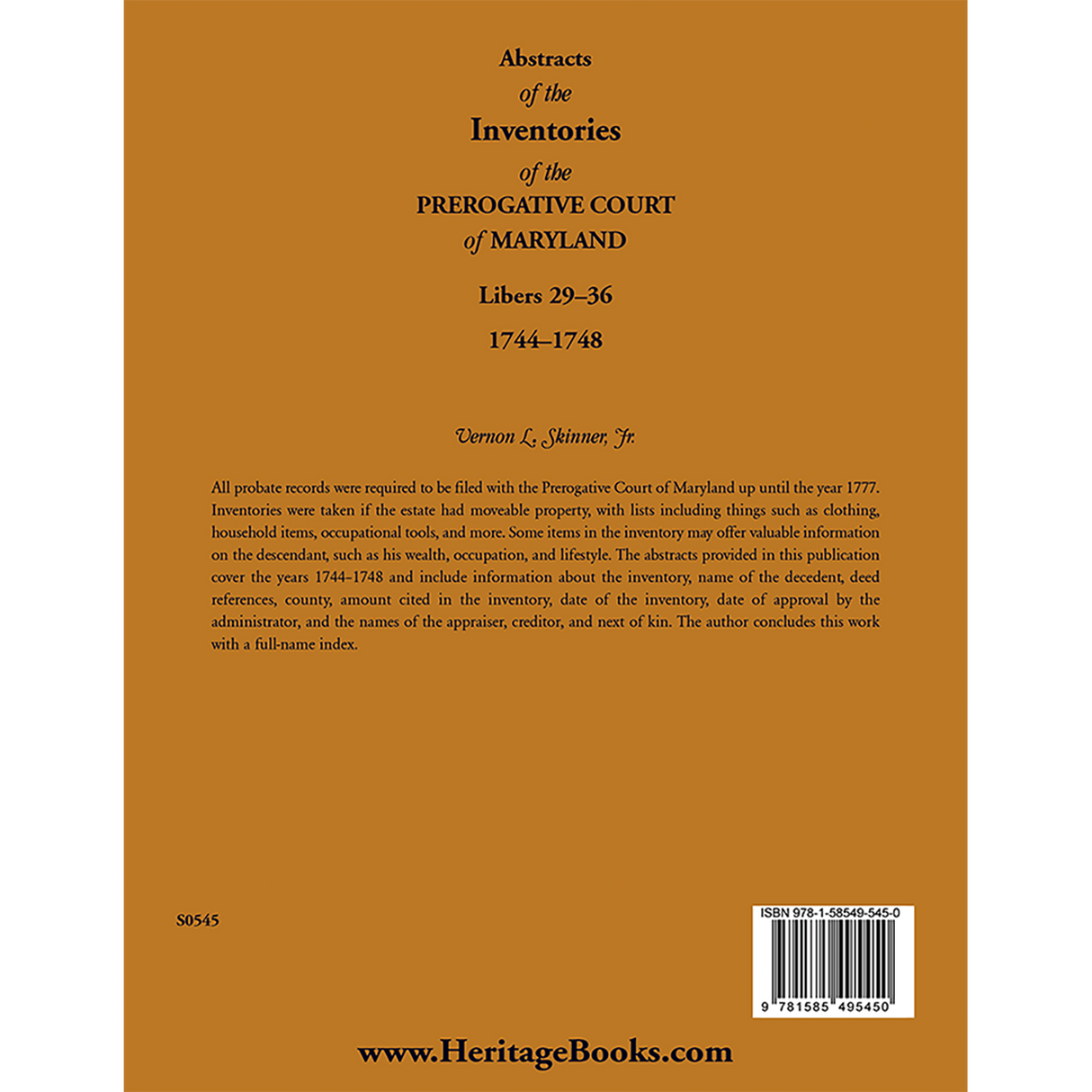 Abstracts of the Inventories of the Prerogative Court of Maryland, 1744-1748, Libers 29-36 back cover