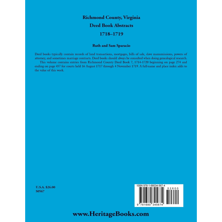 Richmond County, Virginia Deed Book Abstracts, 1718-1719 back cover