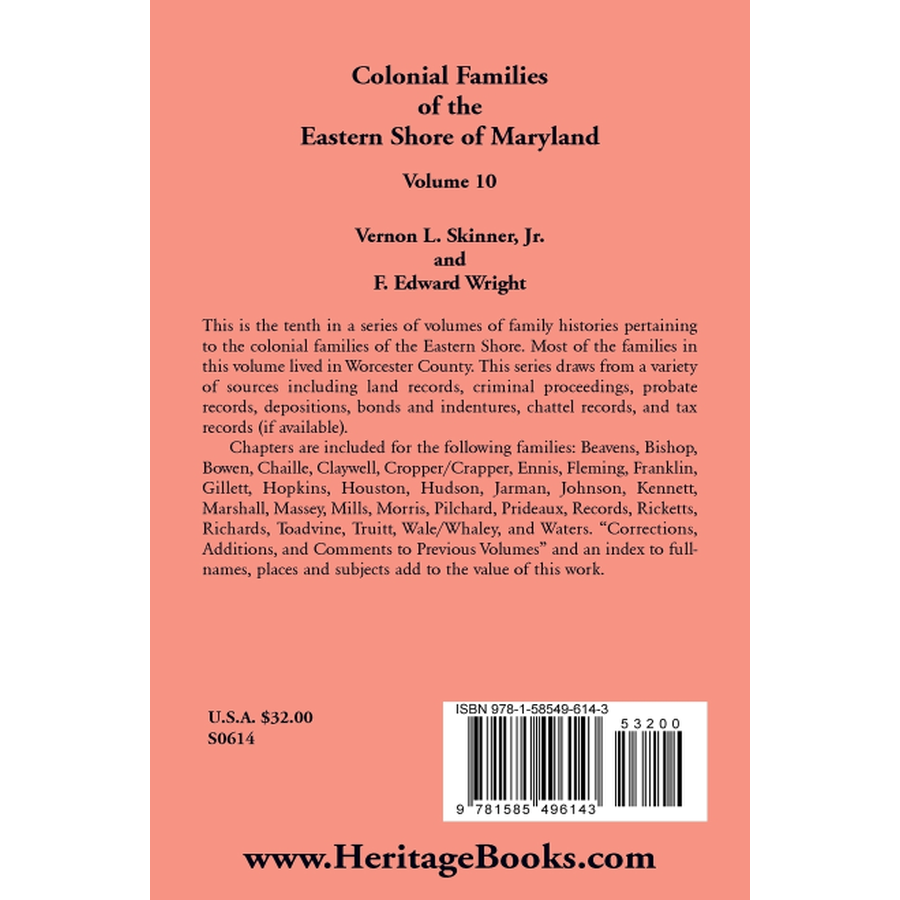 back cover of Colonial Families of the Eastern Shore of Maryland, Volume 10