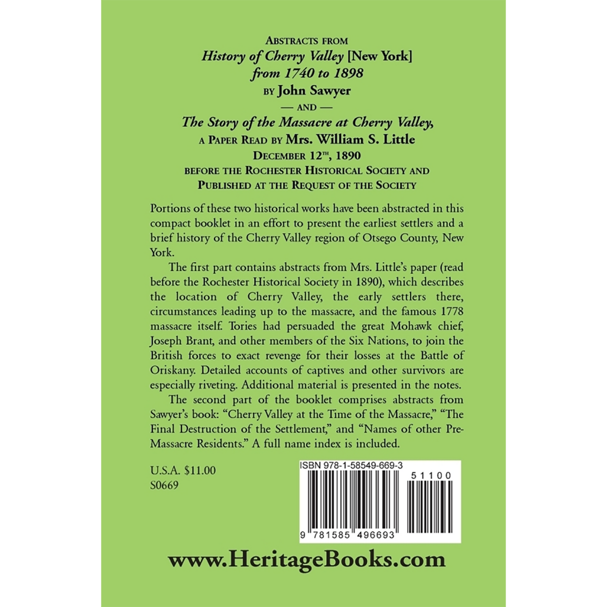 Abstracts from "History of Cherry Valley [New York] from 1740 to 1898" by John Sawyer and "The Story of the Massacre at Cherry Valley" back cover
