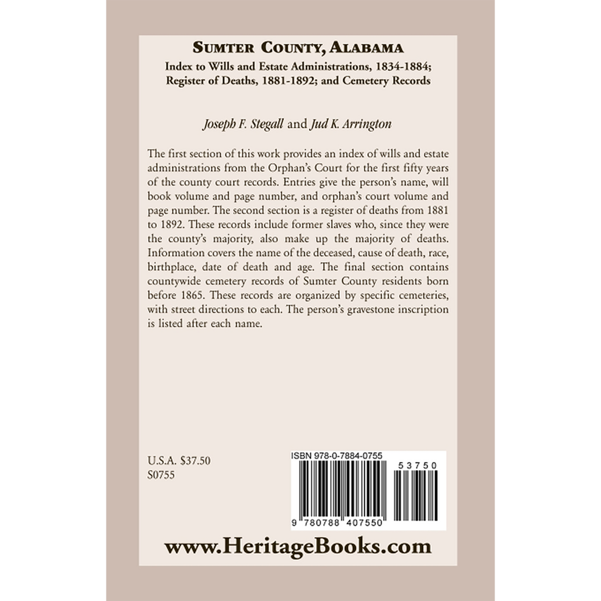 Sumter County, Alabama: Index to Wills and Estate Administrations, 1834-1884; Register of Deaths, 1881-1892; and Cemetery Records back cover