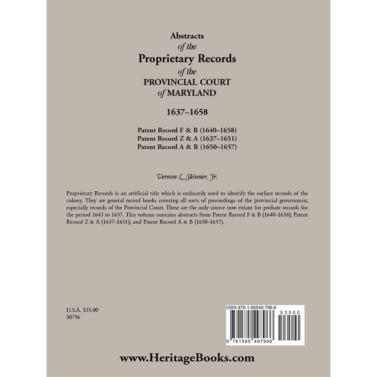 Abstracts of the Proprietary Records of the Provincial Court of Maryland, 1637-1658 back cover
