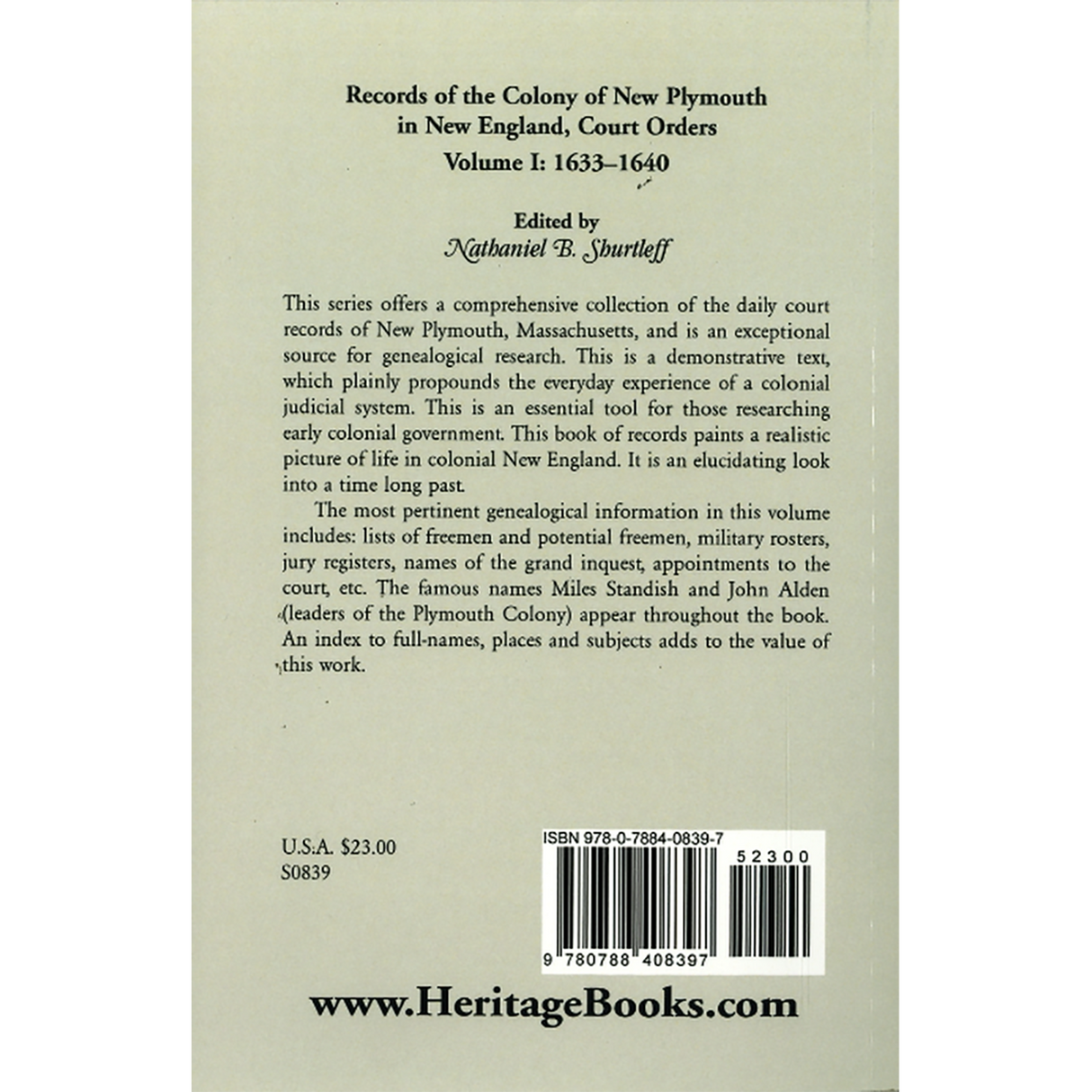 Records of the Colony of New Plymouth in New England, Volume I: Court Orders, 1633-1640 back cover