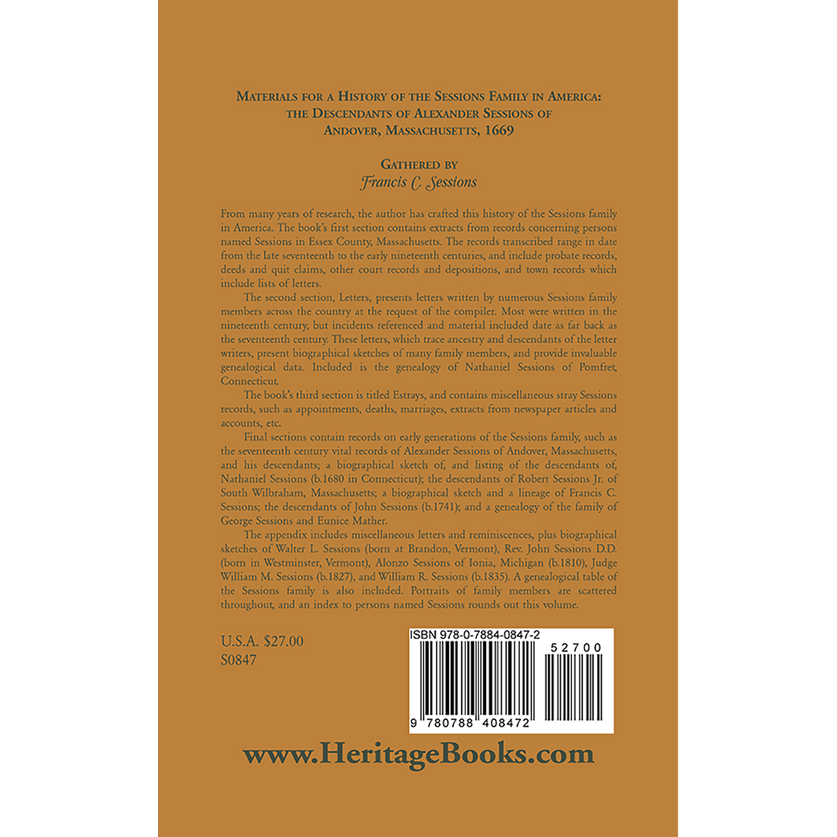Materials for a History of the Sessions Family in America: the Descendants of Alexander Sessions of Andover, Massachusetts, 1669 back cover