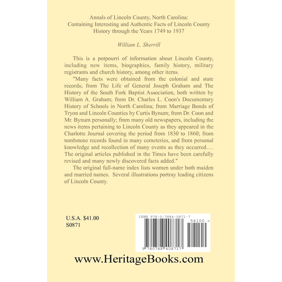 back cover of Annals of Lincoln County, North Carolina: Containing Interesting and Authentic Facts of Lincoln County History Through the Years 1749 to 1937