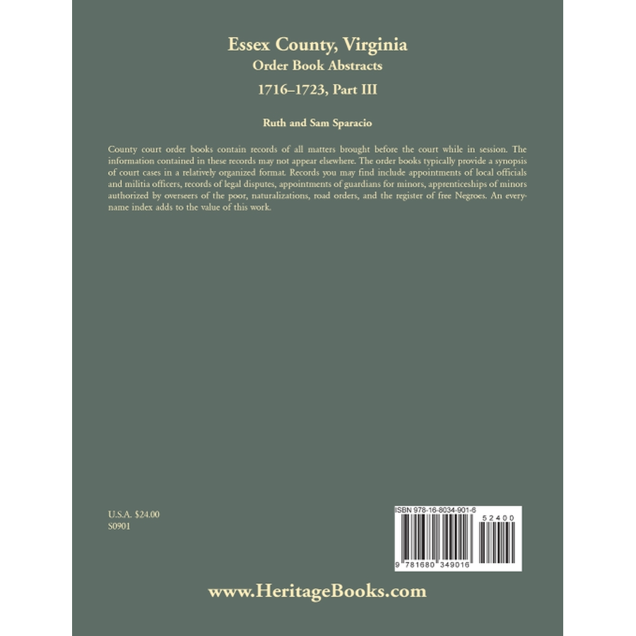 back cover of Essex County, Virginia Order Book Abstracts, 1716-1723, Part III