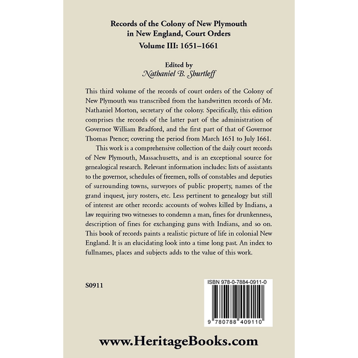 Records of the Colony of New Plymouth in New England, Volume III: Court Orders, 1651-1661 back cover