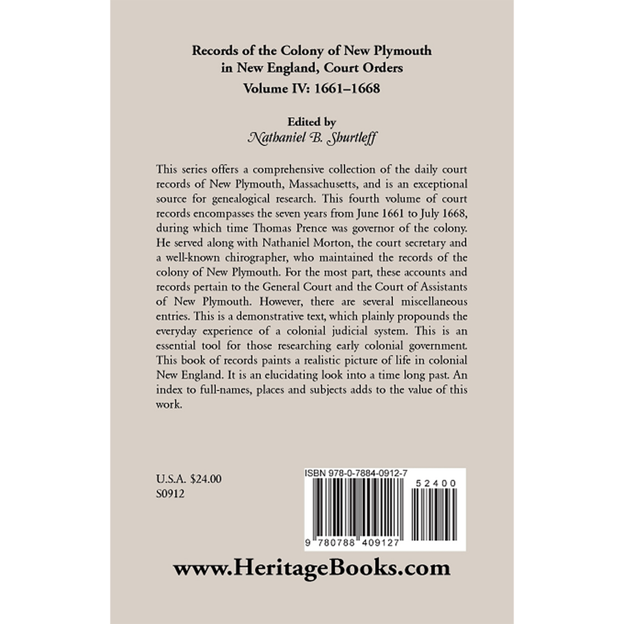 Records of the Colony of New Plymouth in New England, Volume IV: Court Orders, 1661-1668 back cover
