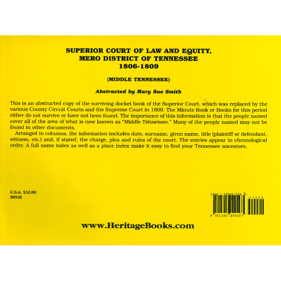 Superior Court of Law and Equity, Mero District of Tennessee, 1806-1809, Middle Tennessee back cover
