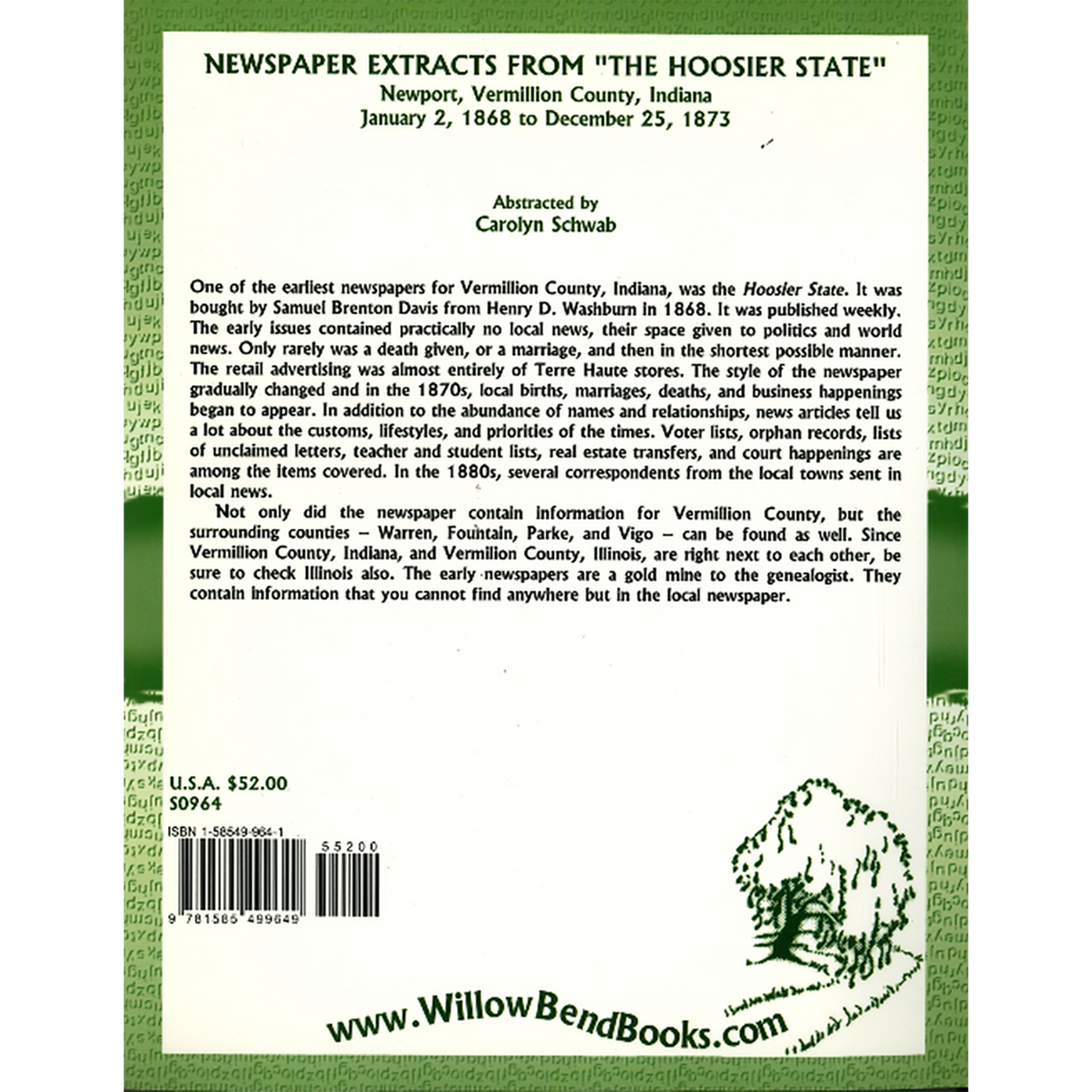 Newspaper Extracts from "The Hoosier State", Newport, Vermillion County, Indiana, January 2, 1868 to December 25, 1873 back cover