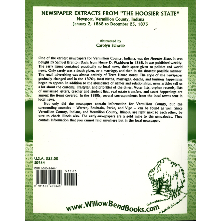 Newspaper Extracts from "The Hoosier State", Newport, Vermillion County, Indiana, January 2, 1868 to December 25, 1873 back cover