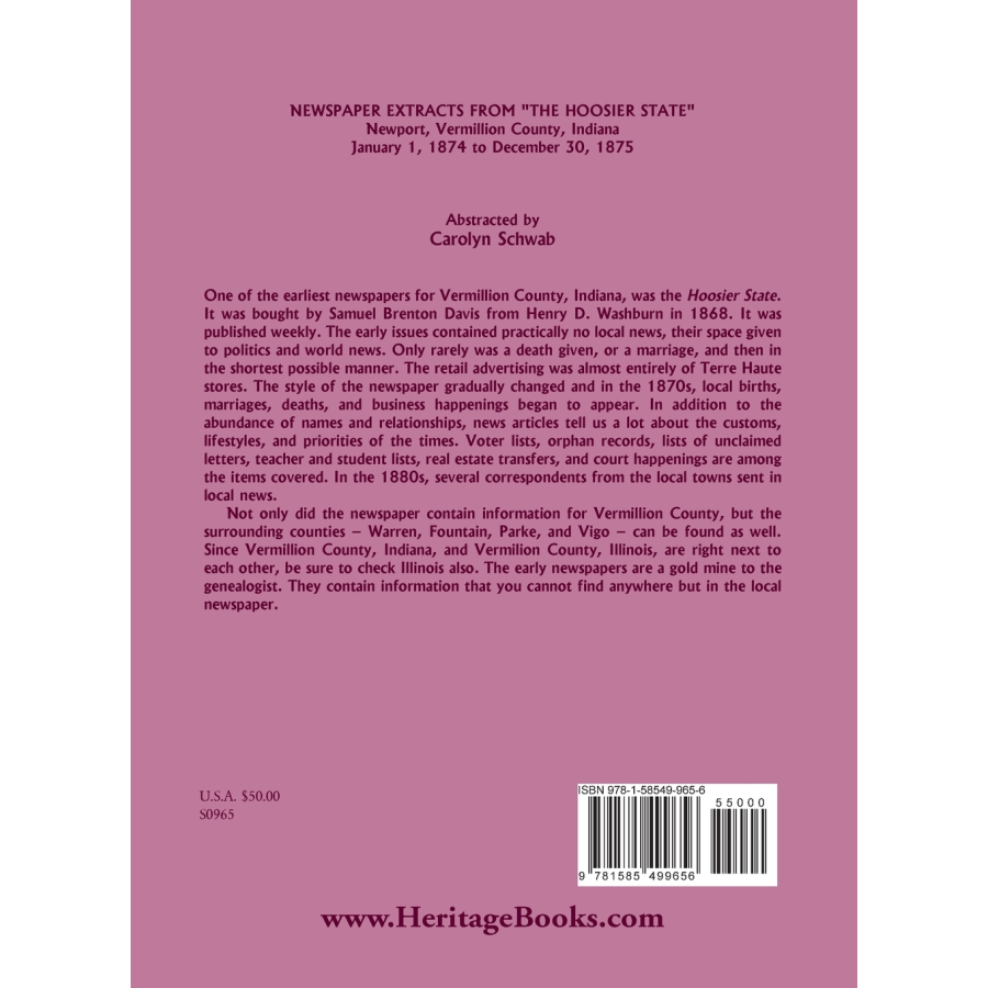 Newspaper Extracts from "The Hoosier State", Newport, Vermillion County, Indiana, January 1, 1874 to December 30, 1875 back cover