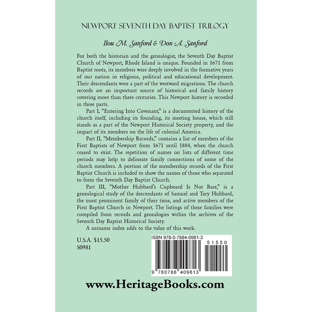 Newport Seventh Day Baptist Trilogy back cover