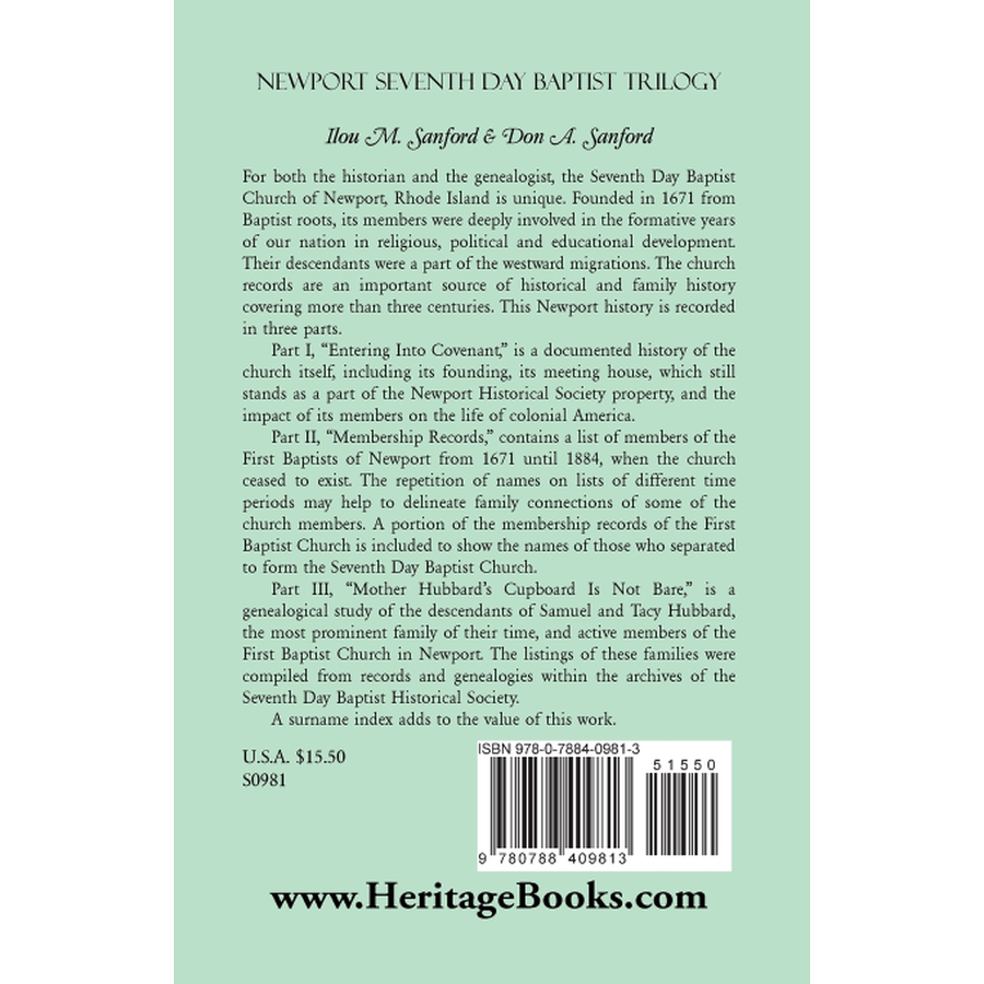 Newport Seventh Day Baptist Trilogy back cover