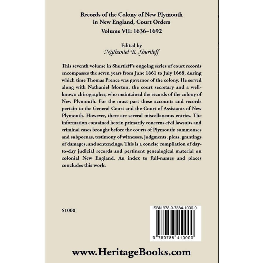 back cover of Records of the Colony of New Plymouth in New England, Volume VII: Judicial Acts, 1636-1692