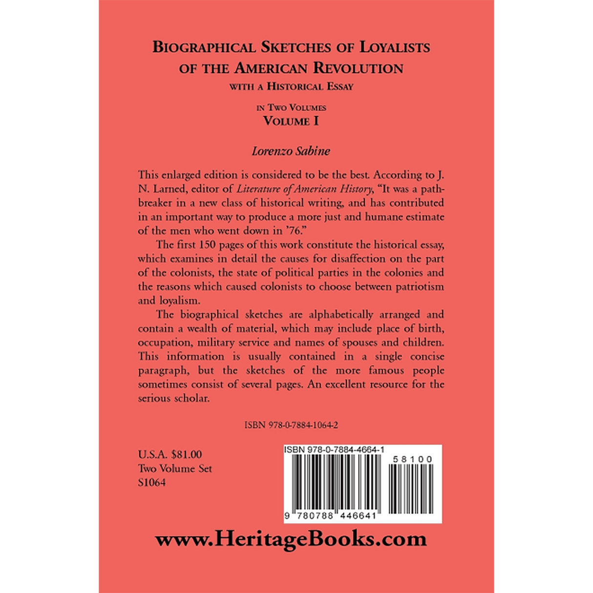 Biographical Sketches of Loyalists of the American Revolution, with a Historical Essay, Volume 1 back cover