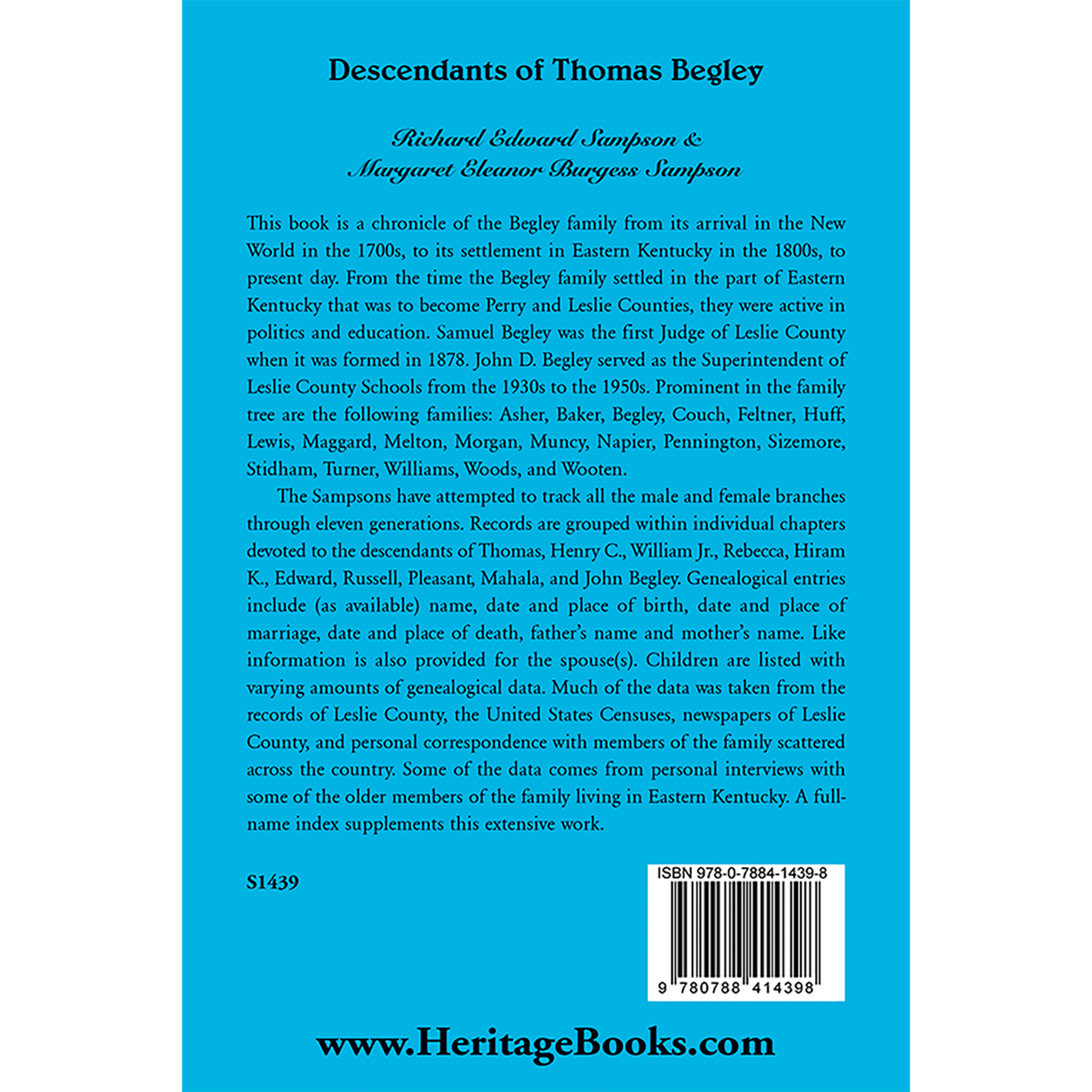 Descendants of Thomas Begley back cover