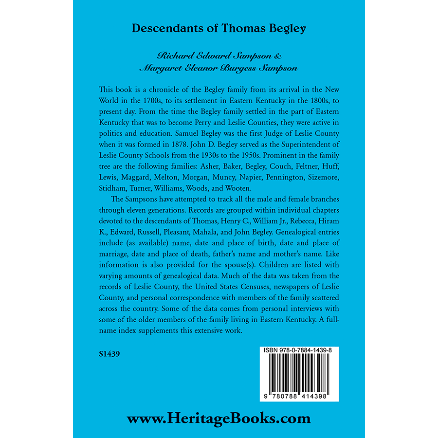 back cover of Descendants of Thomas Begley