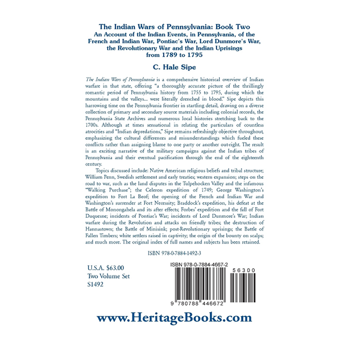 The Indian Wars of Pennsylvania Volume 2 back cover