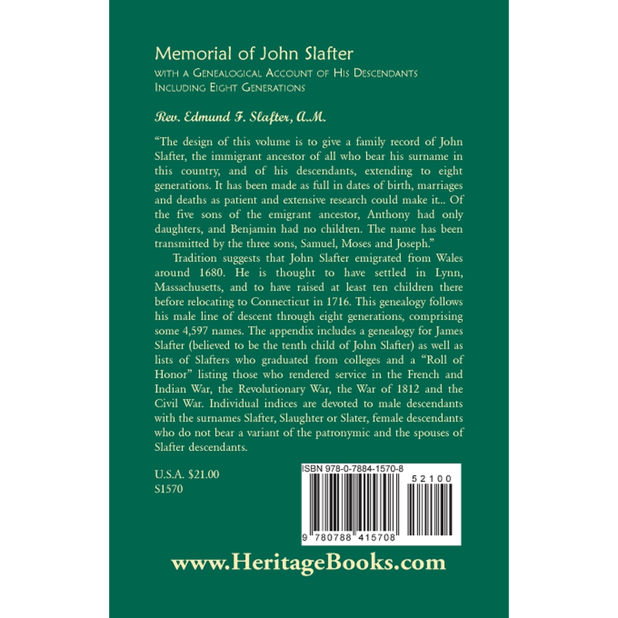 Memorial of John Slafter, with a Genealogical Account of His Descendants Including Eight Generations back cover