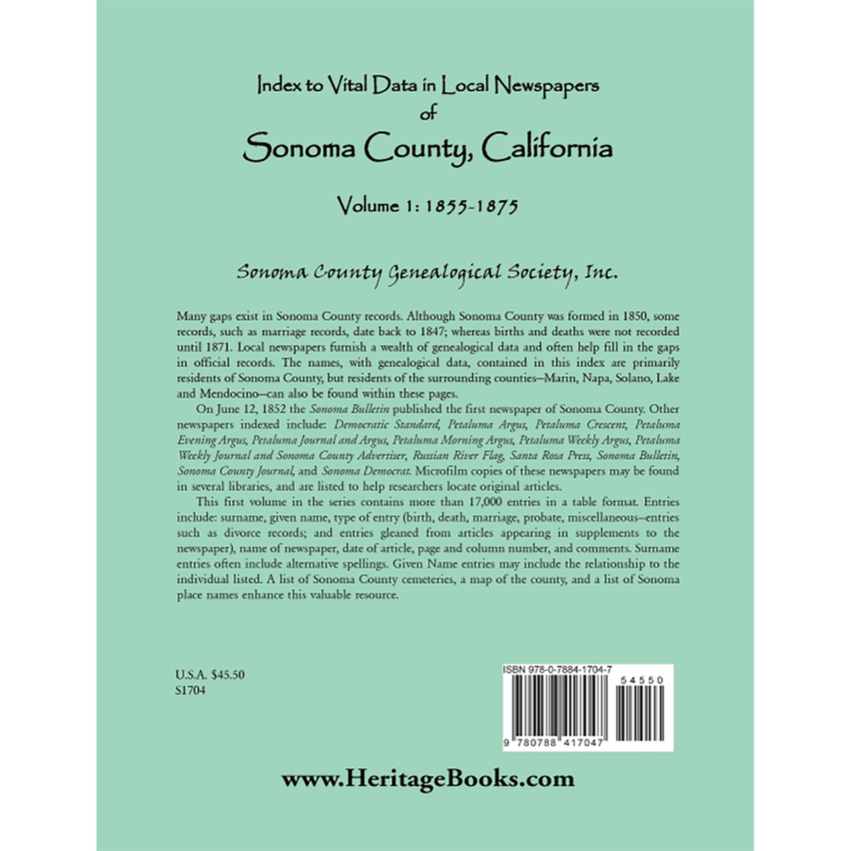 Index to Vital Data in Local Newspapers of Sonoma County, California, Volume 1: 1855-1875 back cover