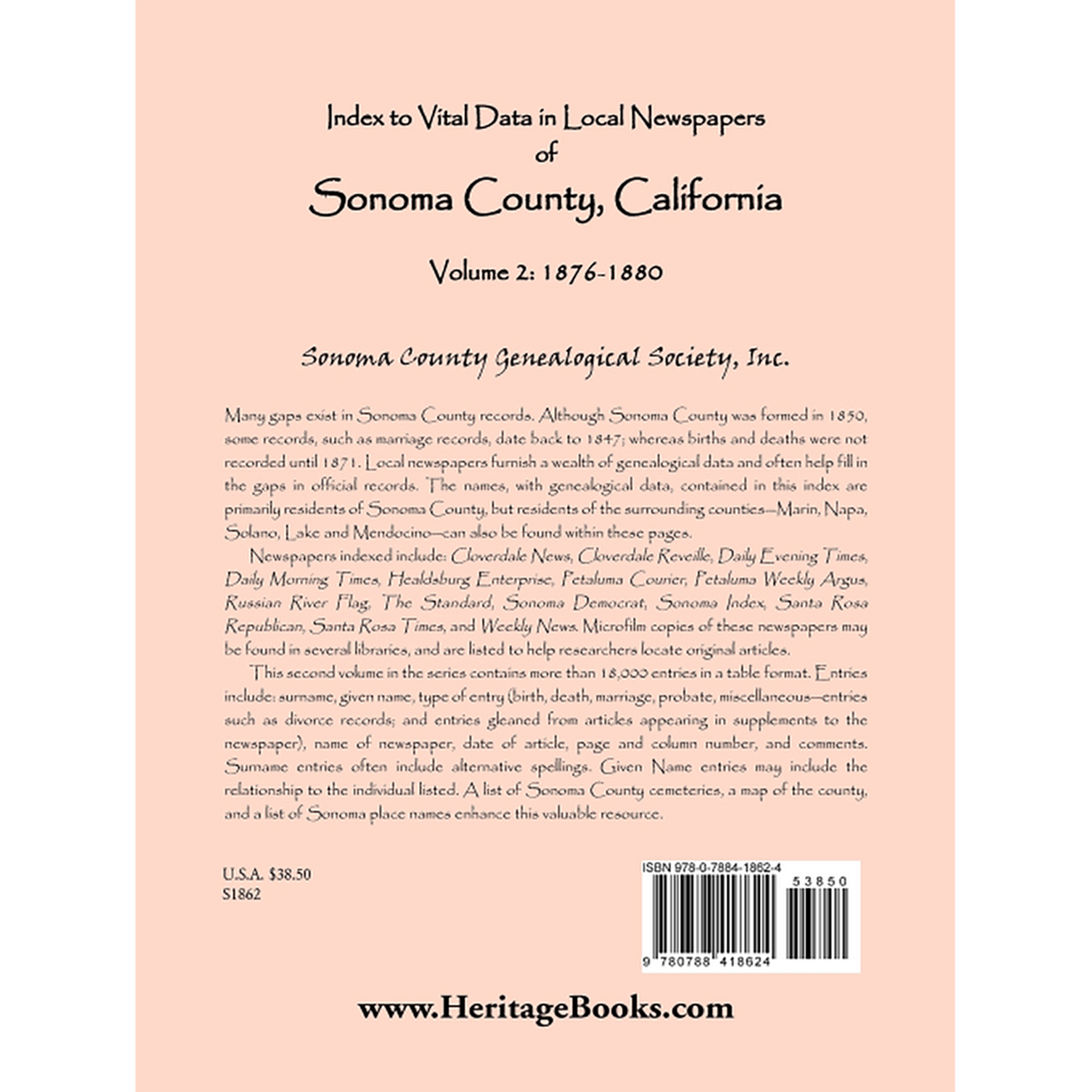 Index to Vital Data In Local Newspapers of Sonoma County, California, Volume 2: 1876-1880 back cover